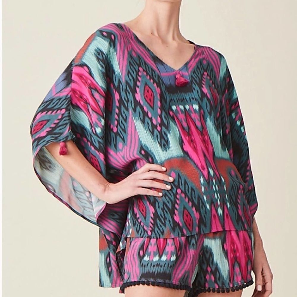 Pink Teal Size S Ikat Print Oversize Boho Blouse Top
